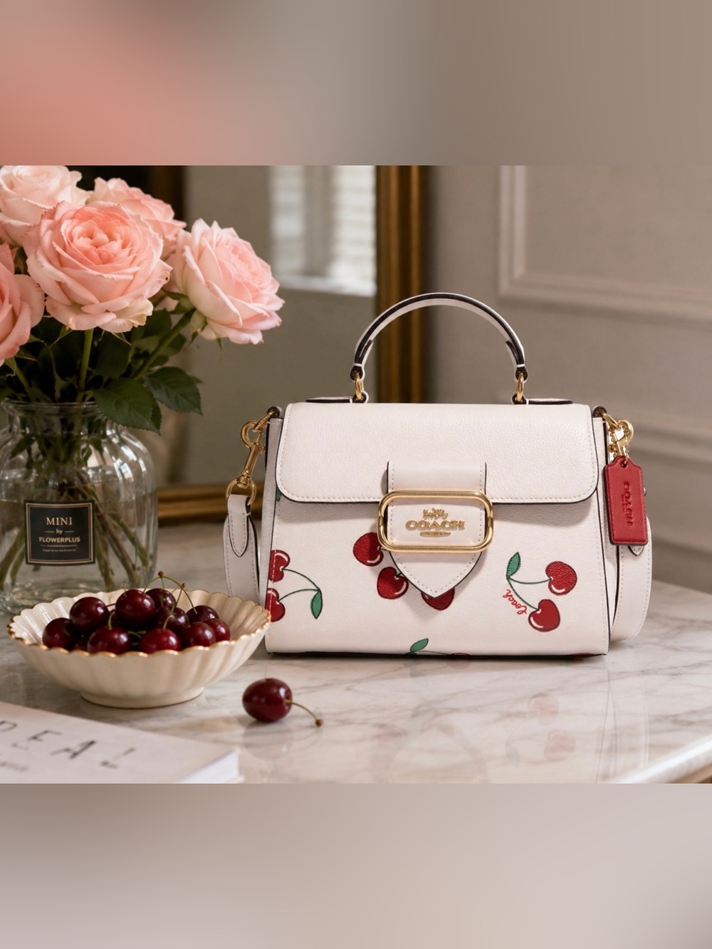 COACH White Cherry Print Leather Top Handle Satchel